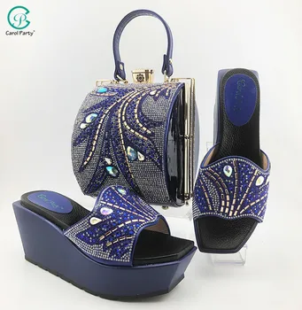 2020 Najnovšie Modrá Farba taliansky dizajn Ženy Topánky a Tašky Set Zdobený Drahokamu Afriky Obuvi a Taška Sada pre Strán