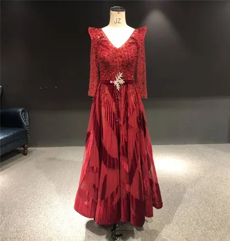 2020 Najnovšie Reálne Vzorky Luxuriou Červené Víno Tylu s Velvet tvaru Ťažké Lištovanie Dlhé Rukávy, na Poschodí-Dĺžka Večerné Šaty Prom