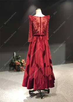 2020 Najnovšie Reálne Vzorky Luxuriou Červené Víno Tylu s Velvet tvaru Ťažké Lištovanie Dlhé Rukávy, na Poschodí-Dĺžka Večerné Šaty Prom