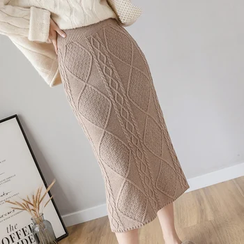 2020 Nové Jeseň Zima Ženy Sukne Vysokej Kvality Retro Rhombic Plaids Twisted Pletené Sukne, Elegantné Vysoký Štíhly Pás Dlhé Sukne