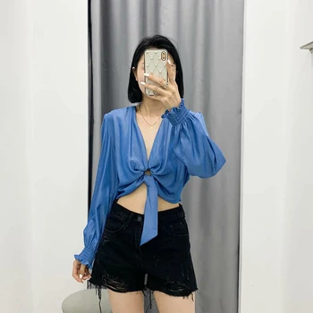 2020 Nové jeseň Ženy tričko modré pevné skladaný luk tvaru, dlhý rukáv, krátke košele módy sexy Dámske Topy