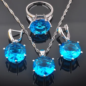 2020 Nové Kolo Sky Blue Crystal dámske Strieborné Farebné Šperky Sady Náušnice Prívesok Náhrdelník Krúžky QZ0564
