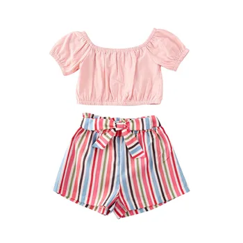 2020 Nové Letné Bežné Dieťa, Baby, Dievčatá Oblečenie vyráža Rameno Krátke Tričká Topy Farebné Pruhované Šortky, Nohavice 1-6Y