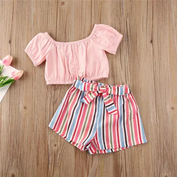 2020 Nové Letné Bežné Dieťa, Baby, Dievčatá Oblečenie vyráža Rameno Krátke Tričká Topy Farebné Pruhované Šortky, Nohavice 1-6Y