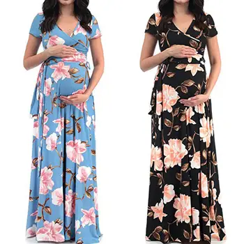 2020 Nové Letné Nové Módne dámske Kvetinové Krátkym rukávom Šaty Tehotné Ženy Materskej Dlhé Šaty Veľkoobchod Veľkosti S-3xl