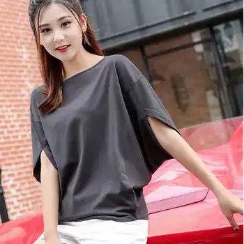 2020 Nové Letné Uprostred Aaged Ženy Kórea Voľné Krátke Sleeve Tee Tričko Žena Elastické Pevné Pružné Fashion Tričko Pulóver W82