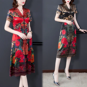 2020 nové letné šaty pre ženy dlho Imitácia hodvábu-krátke rukávy šaty tlač lady elegantné voľné Nad kolená Čínsky štýl