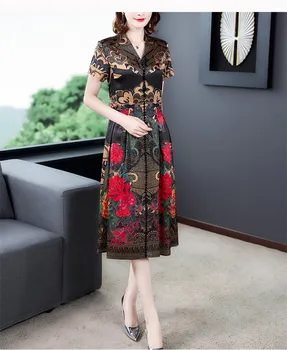 2020 nové letné šaty pre ženy dlho Imitácia hodvábu-krátke rukávy šaty tlač lady elegantné voľné Nad kolená Čínsky štýl