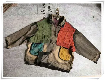 2020 Nové Národné Retro Vintage Umyté Denim a Pletené Kontrastné Farebné Šitie Našité Vrecko Pracky Slim Denim Jacket
