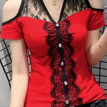 2020 Nové predaj Letné kórejské Oblečenie T-shirt Módne Patchwork Čipky Sexy Mimo Rameno Ženy Topy Ropa Mujer Bavlnené Tričko Tees