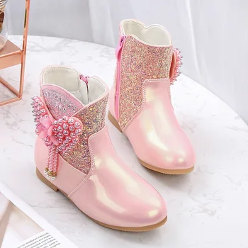 2020 Nové Zimné Topánky Fashion Dievčatá Elegantné Patent Kožené Topánky Bowtie Perličiek Princezná Flitrami Čižmy Vonkajšie Platformu Topánky