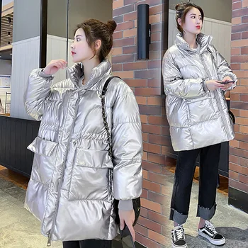 2020 Nové Zimné ženy parkas módne lesklá tkanina zahustiť vetru teplé bundy kabát outwear snehu nosenie bunda S-XL
