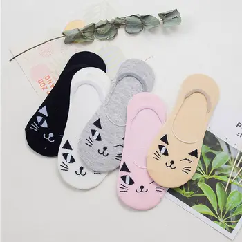 2020 Nový Príchod 5 Párov Bavlna Krátky Ženy Ponožky Roztomilý Krásne Šťastný Kreslených Mačka Ponožky Zábavné Papuče Loď Neviditeľné Ponožky