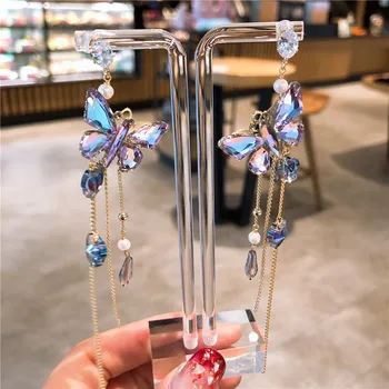 2020 Nový Príchod Vintage Fialová Crystal Motýľ Dlhý Strapec Drop Náušnice Pre Ženy Strany Pendientes Šperky