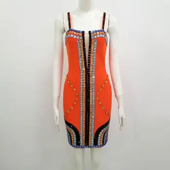 2020 Nový Príchod Ženy Sexy Dizajnér Lištovanie Oka Patchwork Orange Obväz Šaty Dámske Elegantné Bodycon Party Šaty Vestido
