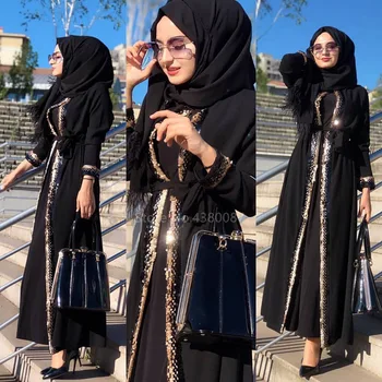 2020 Ramadánu Moslimských Módne Ženy Hidžáb Cardigan Lesklé Sequined Patchwork Maxi Šaty Dubaj Otvoriť Abaya Kaftan Kimono Župan Femme