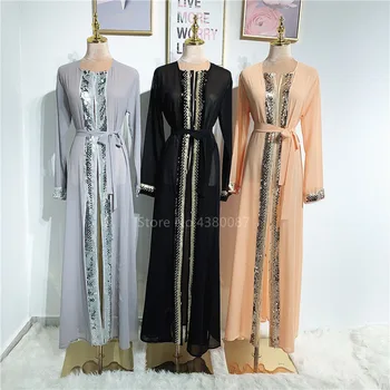 2020 Ramadánu Moslimských Módne Ženy Hidžáb Cardigan Lesklé Sequined Patchwork Maxi Šaty Dubaj Otvoriť Abaya Kaftan Kimono Župan Femme