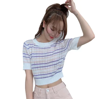 2020 Sexy Top Žien kórejský Štýl Príležitostných O Krk Prekladané Krátky Rukáv Slim Plodín Top Pletené T-Shirt Ženy camisetas verano mujer