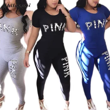 2020 Sexy Ženy, Tepláková Súprava Plus Veľkosť Bežné Ružový List Vytlačiť Dva Dielna Sada Krátke Rukáv Tričko Oblek Nohavice Šport 2 Ks Oblečenia