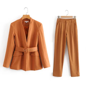 2020 Summer Women Pant Suits Two-piece Sets Casual V-Neck Sashes Blazers and Pants Female Street Fashion 2-piece set Clothing