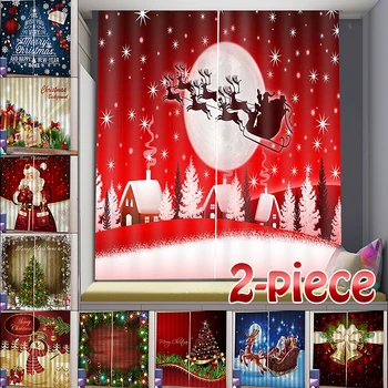 2020 Vianočné 2ks 3D Zatmenie Opony Dekorácie Pre Domov Obývacie Spálne Staré Santa Claus Vianočný Stromček, Rýchle dodanie