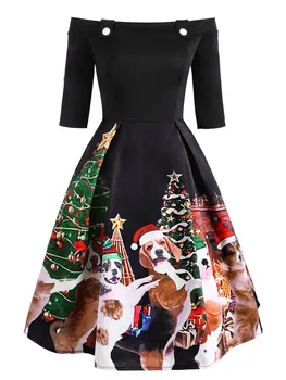 2020 Vianočné Šaty Jeseň Zima Roztomilý Pes Vytlačiť Ženy Retro Šaty Off Sexy Ramenný Party Šaty Dámske Midi Vintage Vestidos