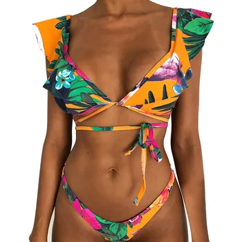 2020 Volánikmi Bikiny Žien Sexy Vintage Plavky Brazílske Tangá Bikini Set Push Up Flóry tvaru s Vysokým v strede zúžený Ženské plavky