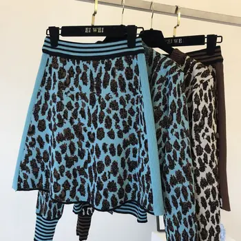 2020 Začiatku Jesene, Nové Leopard Kontroly Musí Kúpiť Európsky a Americký Štýl Wild Pekný Knitwear Pletené Sukne Oblek