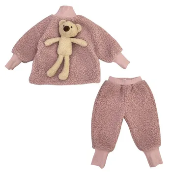 2020 Zimné detské oblečenie set dievčatá plus fleece teplý pulóver a oblek nohavice módne pevné roztomilý medveď za deti 2 dielna sada