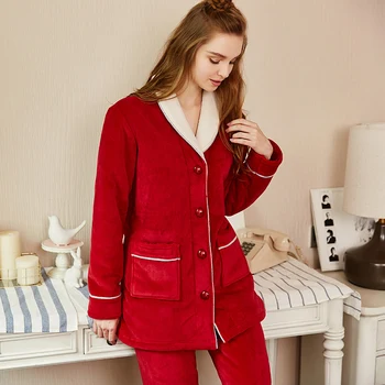 2020 Zimné Hrubé Teplé Flanelové Pyžamo Sady Pre Ženy Sleepwear Pajama Domov Nosia Pyžamá Nastaviť dámske domáce oblečenie, Vianočné červená