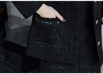 2020 Zimné Ženy Black Tweed Bunda Sukne Nastaviť Vysokú Kvalitu Dizajnér Singel Svojim Vlny Kabát & Jeden Krok Sukne 2 Dielna Sada