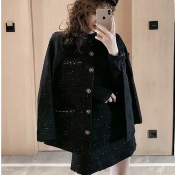 2020 Zimné Ženy Black Tweed Bunda Sukne Nastaviť Vysokú Kvalitu Dizajnér Singel Svojim Vlny Kabát & Jeden Krok Sukne 2 Dielna Sada