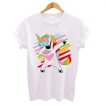 2020 Zábavné Jednorožec Tlač Ženy tričko Krátky Rukáv košele t-O-Krku Topy Plus Veľkosť Biela bežné Hip Hop tričká