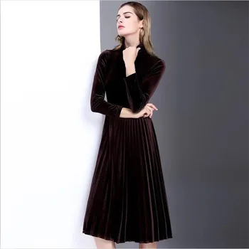 2020 Ženy jar Jeseň vintage šaty s Dlhým rukávom šaty turtleneck velvet Skladaný Šaty plus veľkosť velúrové košele M - 7XL