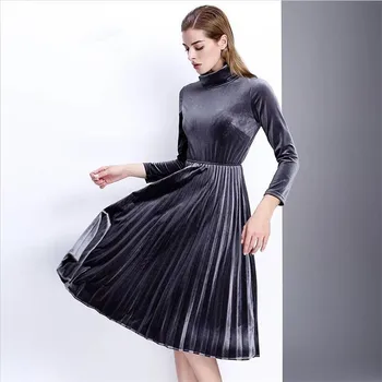 2020 Ženy jar Jeseň vintage šaty s Dlhým rukávom šaty turtleneck velvet Skladaný Šaty plus veľkosť velúrové košele M - 7XL