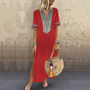 2020 Ženy Jeseň Letné Šaty Boho Pevné Bielizeň Oblečenie Sundress Plus Veľkosť V Krku Krátky Rukáv Šaty Strany Maxi Dlhé Šaty
