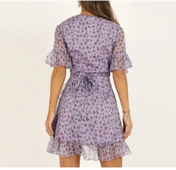 2020 Ženy Lila Kvetinový Šatka Šaty Elegantné Letné Vzplanutie Rukáv Boho Tlač Mini Slnko Šaty, Sexy tvaru Dámske Oblečenie