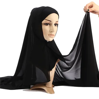 2020 Ženy Pevné, Červená Farba Čierna Obyčajný Bublina Šifón Šatku Hidžáb Šatka s Tlačidlo Moslimských hlavový most Hijabs Šatky pre Ženy