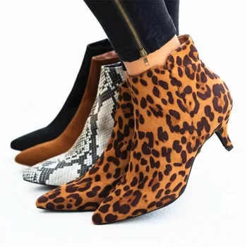 2020 Ženy Semiš Členok Boot Polovice Stiletto Päty Bočné Zip Ukázal Prst Strana Práce Outdoor Obuvi Jemné Päty Leopard Tlač dámske Topánky