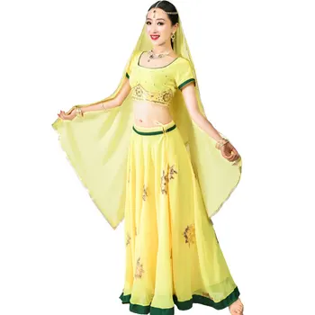 2020 Žltá India Oblečenie Etnický Štýl Šifón Sarees Za Ženu Dievča, Výšivky Lehenga Choli Tanečné Predstavenie Zákazku Nastaviť