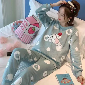 2020Autumn Zime Teplý Flanel Ženy Pyžamá Sady Hrubé Coral Velvet Dlhý Rukáv Cartoon Sleepwear Tenké Flanelové Pyžamo Nastaviť Dievča