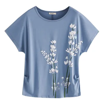 2021 bavlna kvetinový tlač tričko ženy, Plus veľkosti 4XL letné top Batwing rukáv grafické tees o-neck tričko voľné tee tričko femme