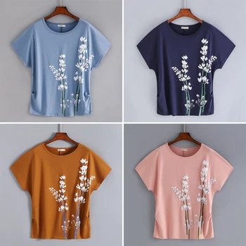 2021 bavlna kvetinový tlač tričko ženy, Plus veľkosti 4XL letné top Batwing rukáv grafické tees o-neck tričko voľné tee tričko femme