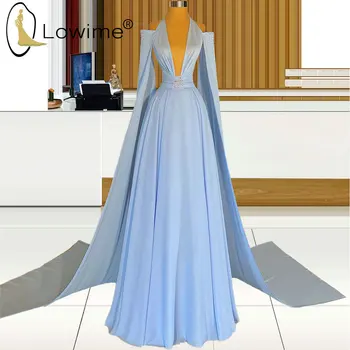 2021 Elegantné Svietidlo Modrej čiary Večerné Šaty Sexy Hlboký Výstrih Večerné Šaty s Dlhými Cape Rúcha De Soiree