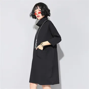 2021 Jar Jar Čierna Vintage Plus Veľkosť Šaty Žien Oblečenie Midi Vrecku Turtleneck Voľné Bežné Elegantné Šaty Vestidos