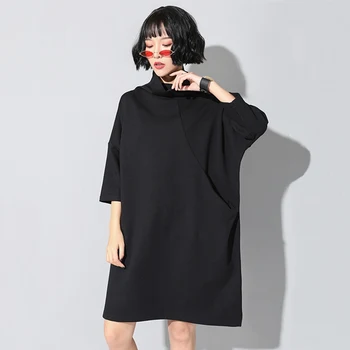 2021 Jar Jar Čierna Vintage Plus Veľkosť Šaty Žien Oblečenie Midi Vrecku Turtleneck Voľné Bežné Elegantné Šaty Vestidos