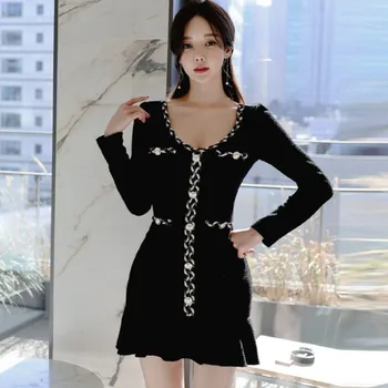 2021 Jar Nové kórejské Ženy v Elegantnom Čiernom Tweed Volánikmi Mini Šaty Office OL Módne Slim Bodycon Šaty Žena Vestidos
