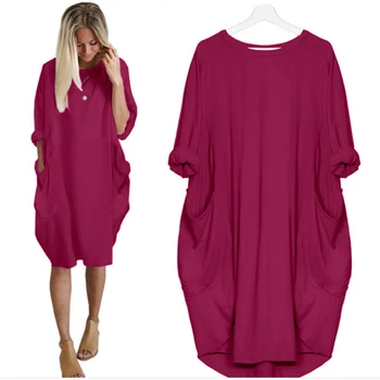 2021 Jar Ženy O Krk Voľné Party Šaty s Dlhým Rukávom Mini Šaty Červené Bežné Pevné Plážové Šaty Plus Veľkosť 5XL