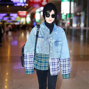 2021 Jeseň Nový Kórejský Plaid Fashion Tričko Spájať Denim Jacket Ženy Vrchné Oblečenie Móda Polovice Dlhé Voľné Džínsy Bunda, Kabát Žena