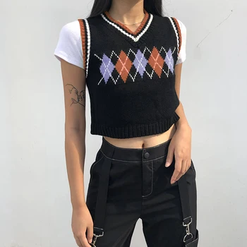 2021 kórejský Štýl tvaru Vintage Geometrické Argyle Krátka Vesta Topy, Pulóvre Sveter Vesta Jar Ženy Sexy Pletené Vest